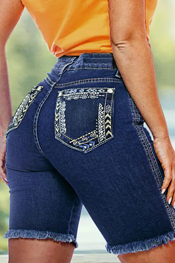 Raw Hem Embroidered Pocket High Waist Denim Mid Thigh Shorts