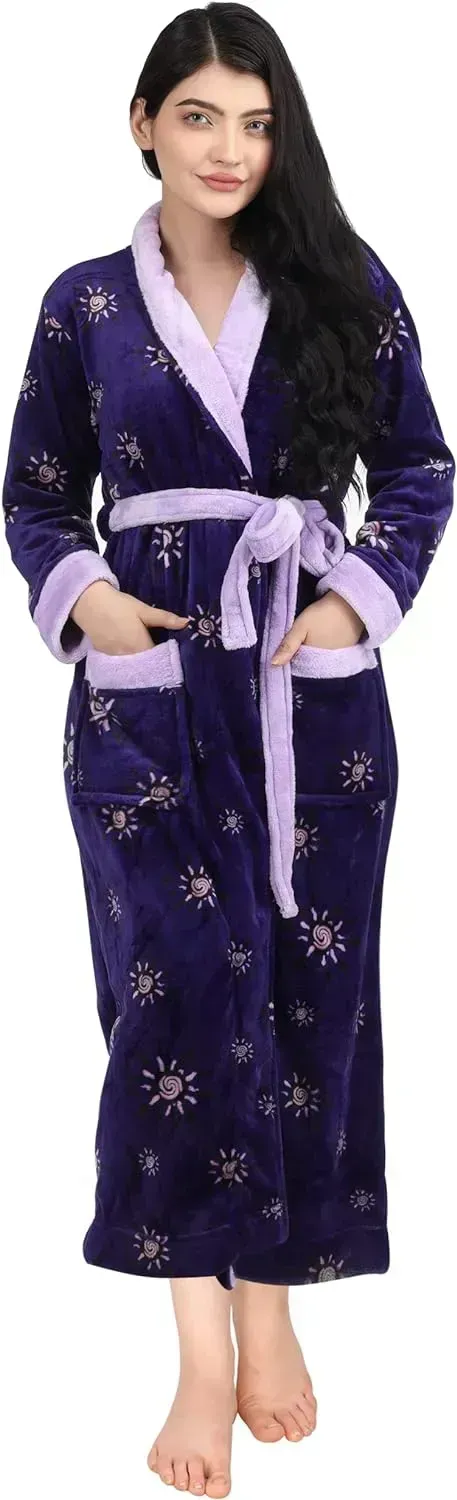 Women Fleece Shawl Collar Bathrobe - Plush Long Robe