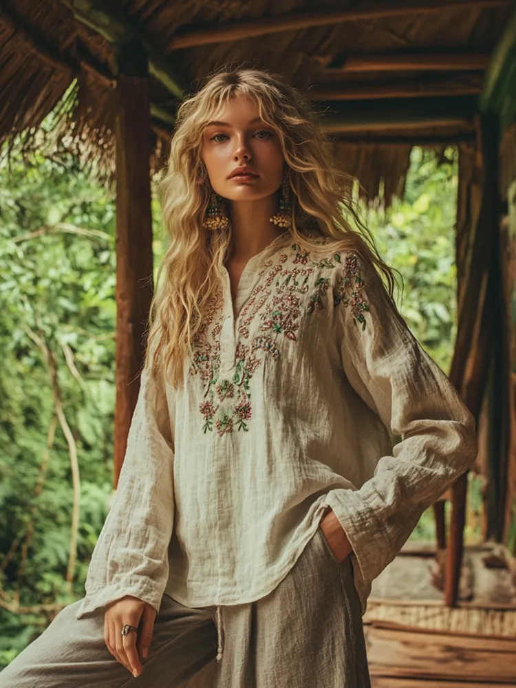Retro Floral Half Button Casual Long Sleeve Henley Shirts