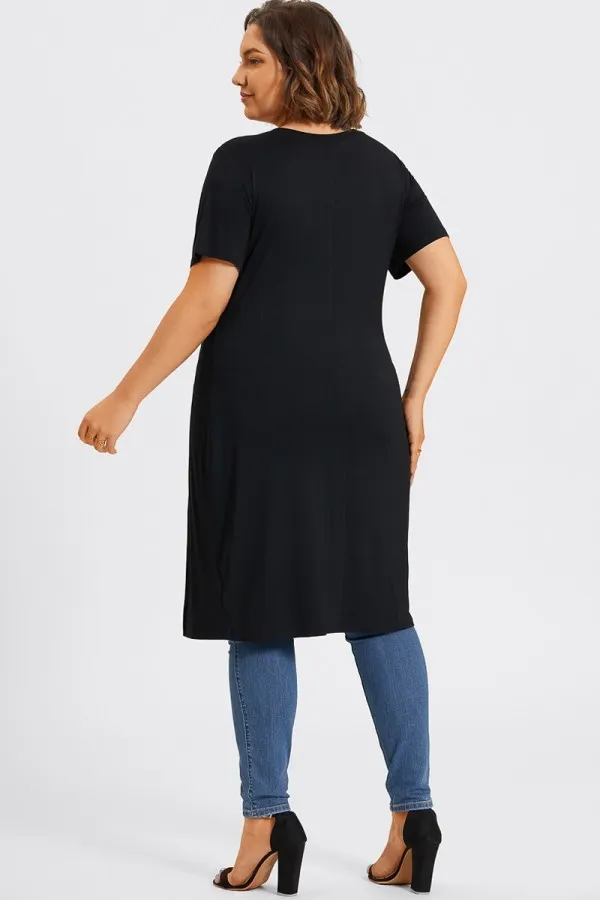 Black Crew Neck Split Front Long Tunic