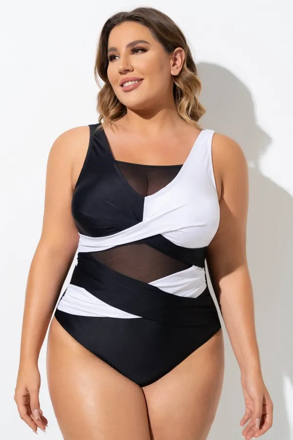 Black & White Sexy Cut Out Mesh One Piece Swimsuit