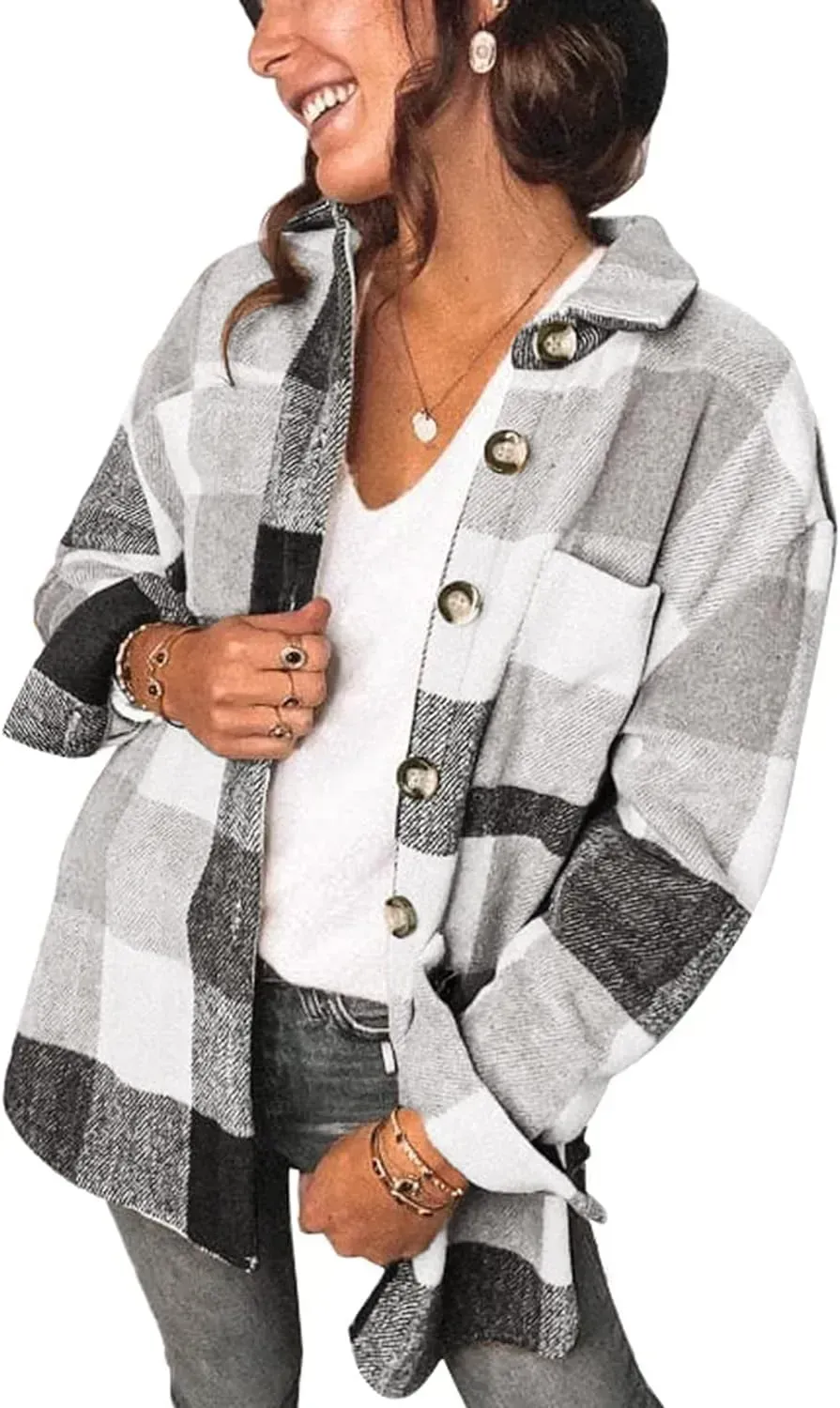 Womens Casual Plaid Shacket Button Down Long Sleeve Shirt