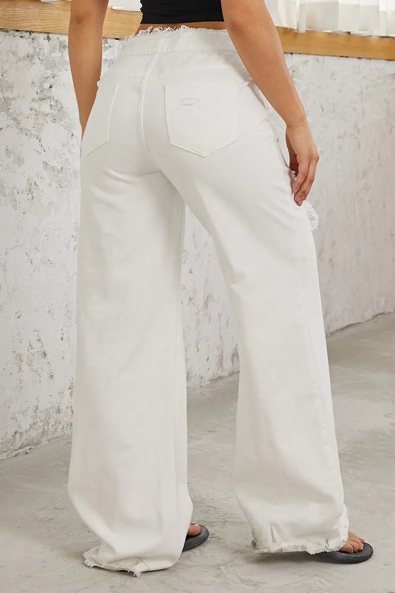 Cut Out Raw Hem Mid Waist Wide Leg Jeans