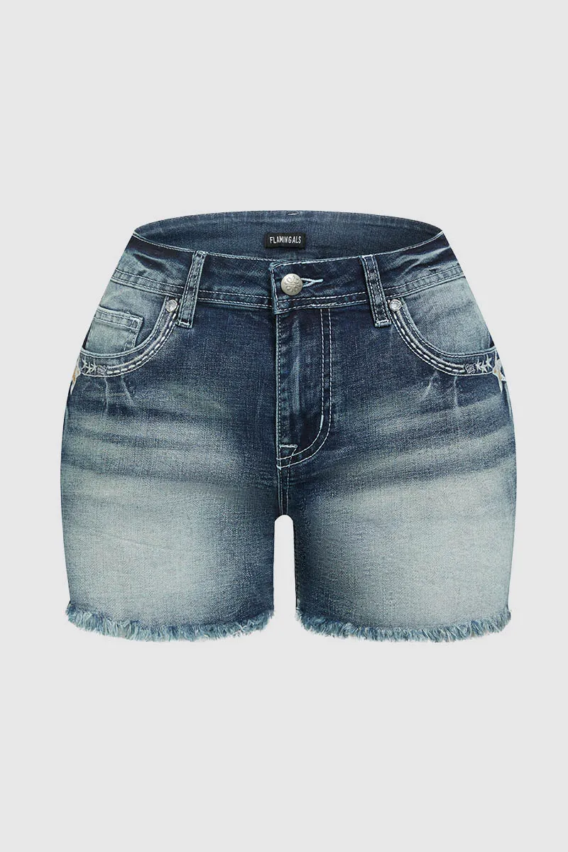 Star Embroidery Stitch Detail Mid Waist Denim Shorts