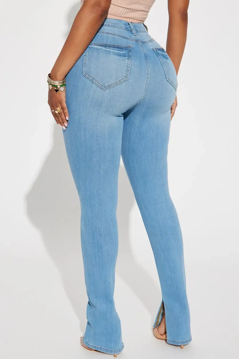 Get My Good Side Slit Premium Stretch Skinny Jeans - Light Blue Wash