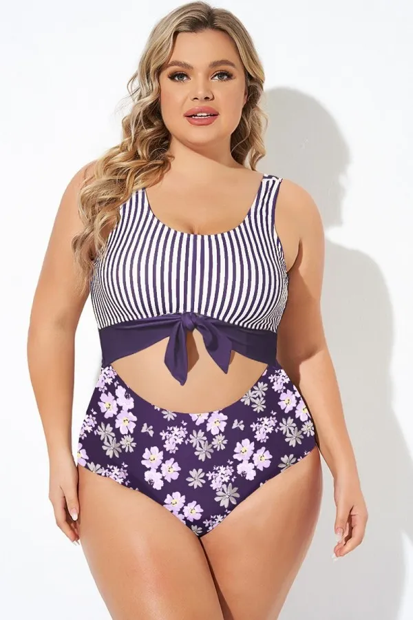 Leopard Print Stripe Knotted One Piece Swimsuit