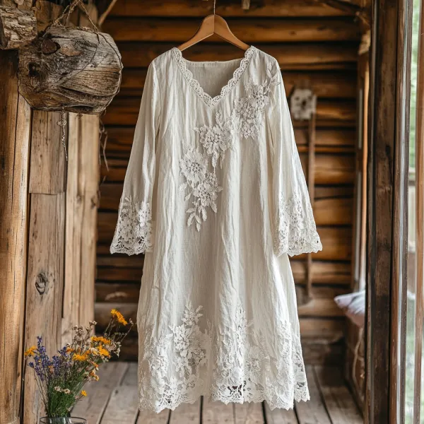 Retro Floral Embroidery Lace Art Linen Blend Maxi Dress