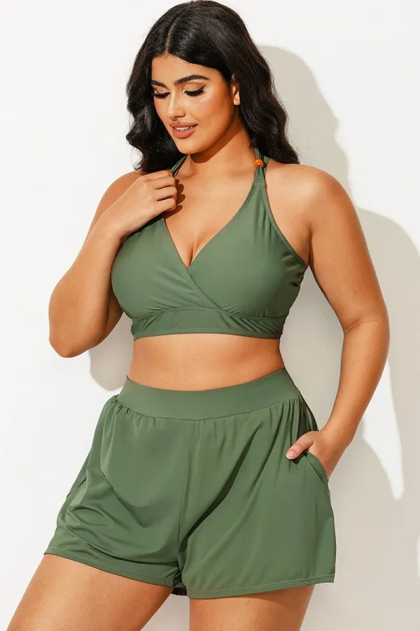 Plus Size Green V-Neck Crossback Bikini Top