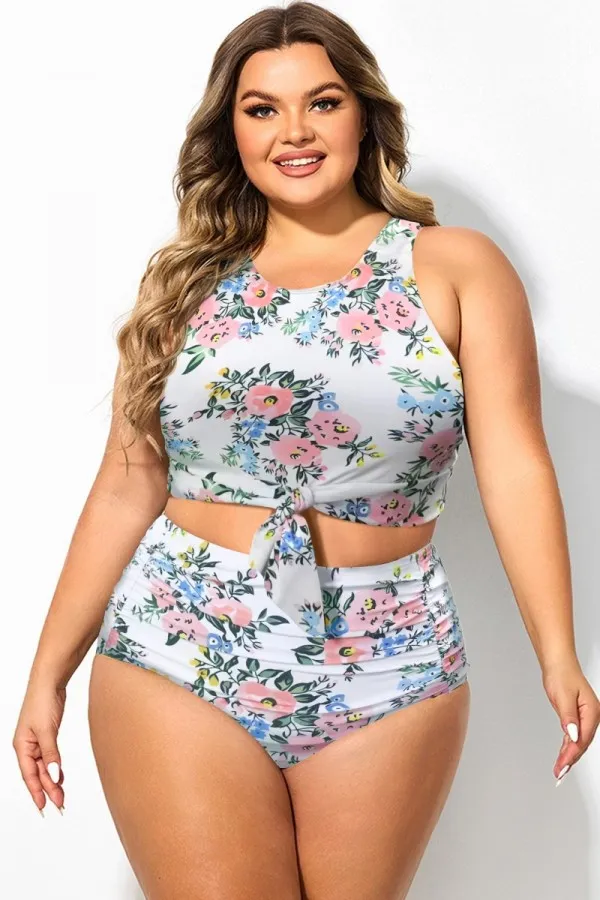 Plus Size Floral Print Knotted Crop Bikini Top