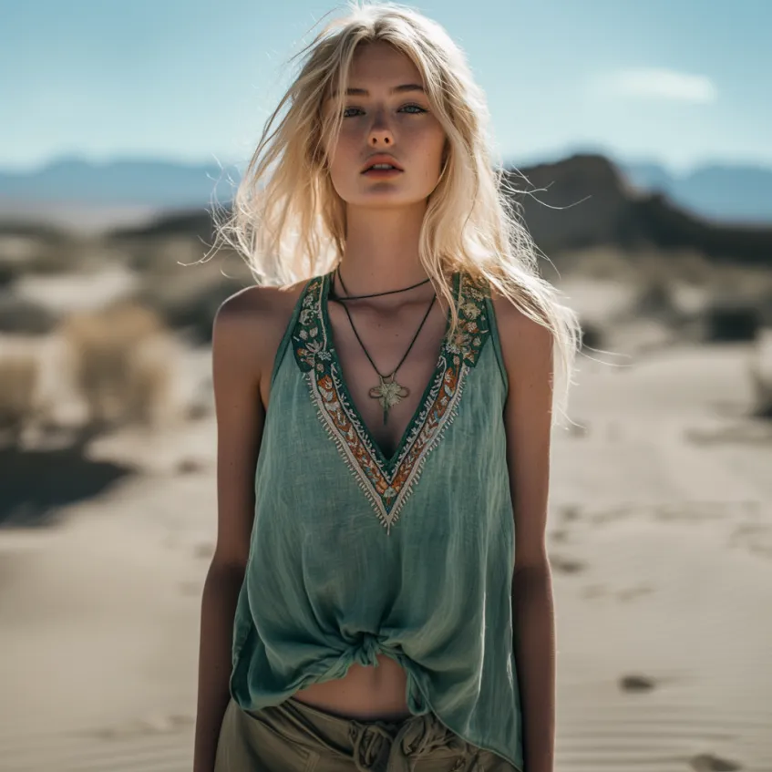 Women's Bohemia Ethnic Art Linen V-neek Sleeveless Top