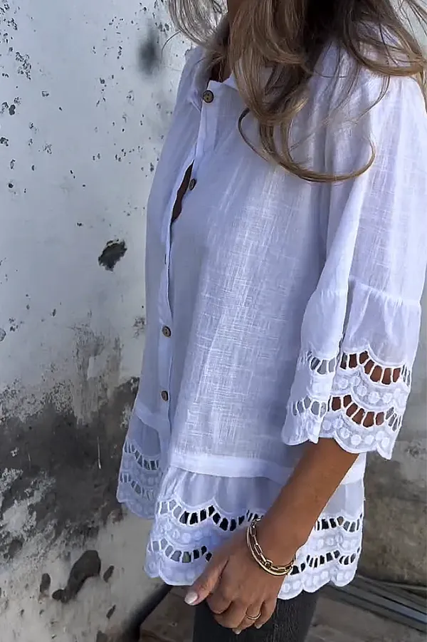 Women's solid color cotton and linen hollow out shirt