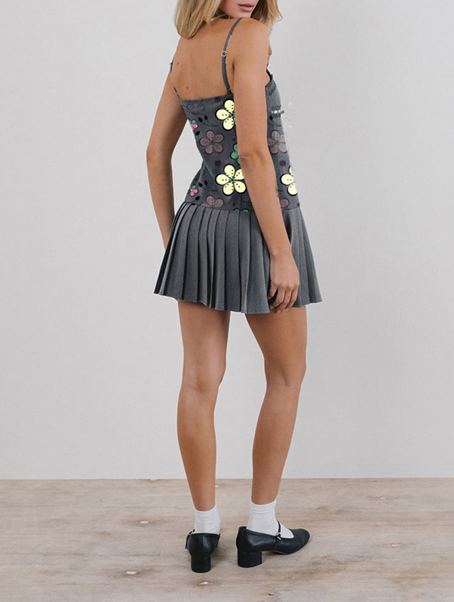Charcoal With White Ribbon Mini Dress