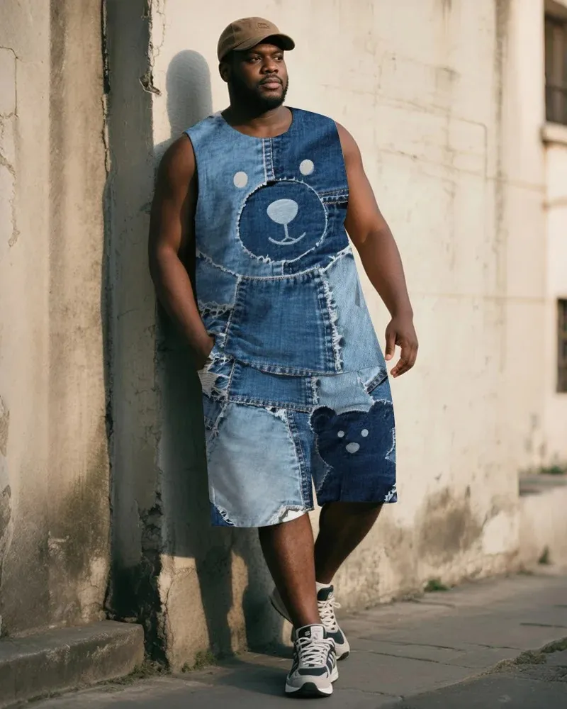 Big & Tall Men's Denim Bear Print Vest and Shorts Suit