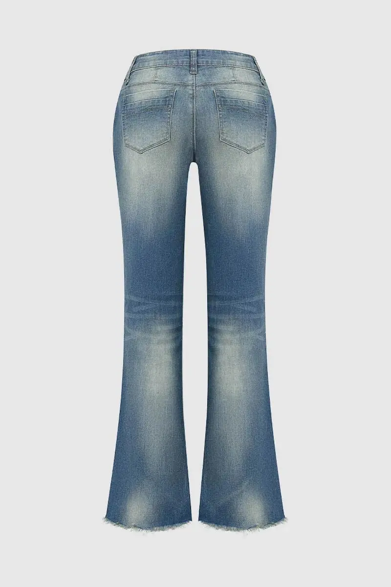 Slant Pocket Raw Hem Low Waist Flare Jeans