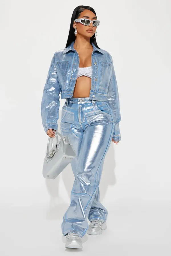 Big Time Magic Metallic Coated Denim Jacket - Light Wash