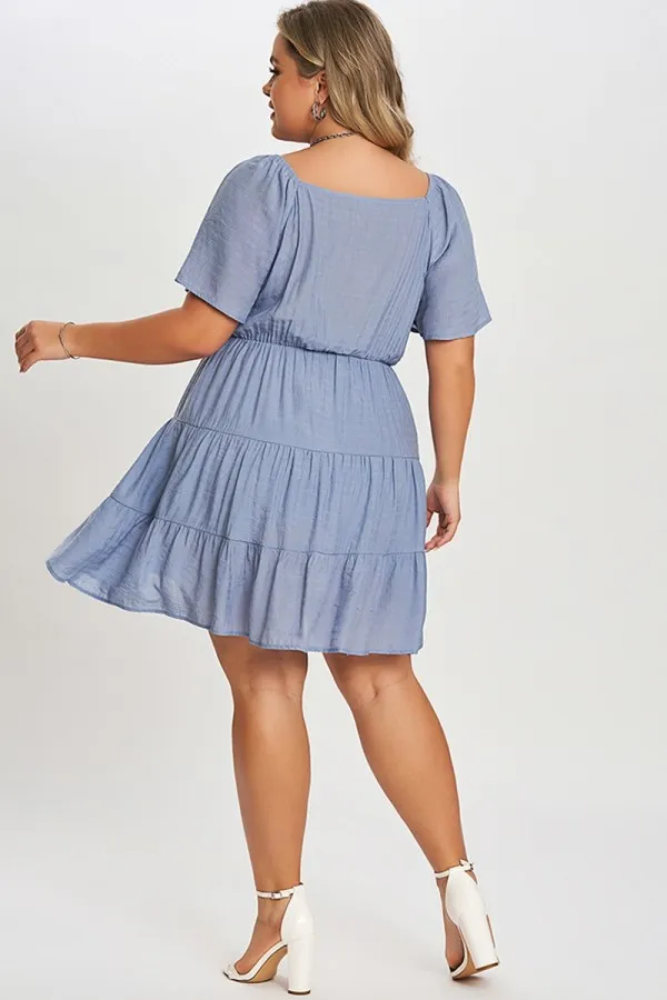 Denim Color Tiered Style Ruffle Sleeves Party Dress