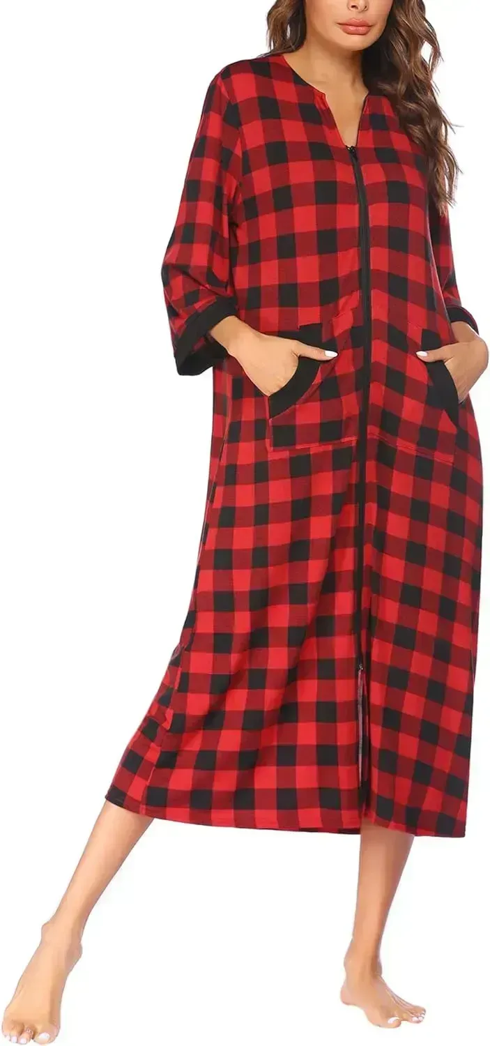 Women Zipper Robe 3/4 Sleeves Loungewear Dress Full Length Sleepwear Pockets Housecoat Nightgown Long Bathrobe