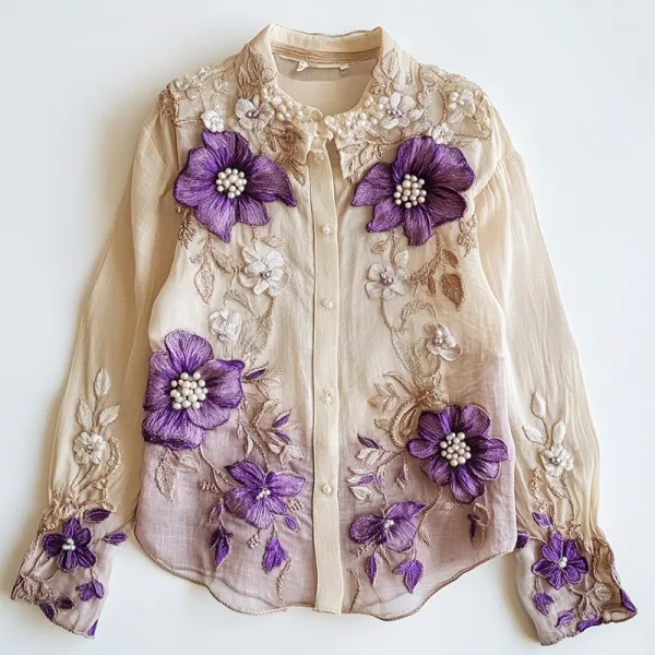 Women's Lace Floral Embroidered Linen Blend Shirt