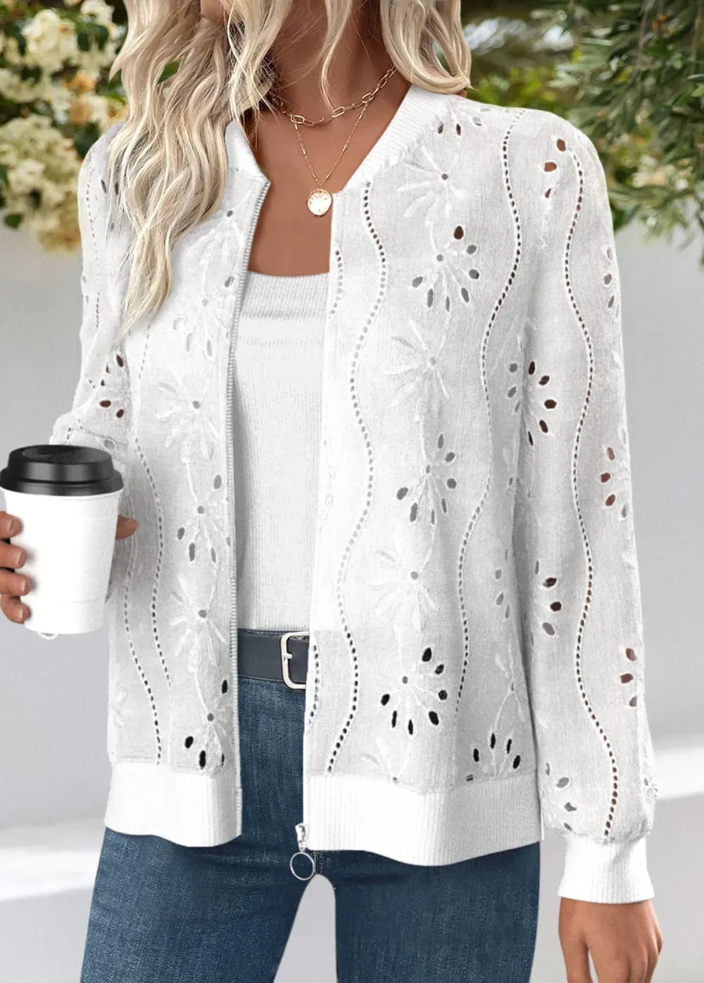 White Jacquard Long Sleeve Stand Collar Track Jacket