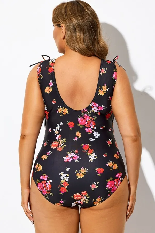 Black Floral Print V-Neck One Piece Swimsuit