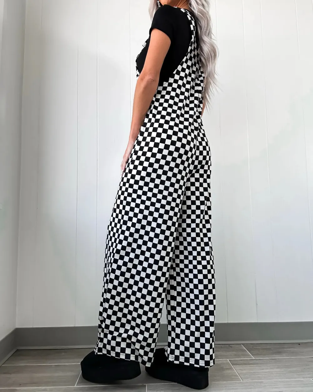 Checkered Wide Leg Jumpsuit - Black
