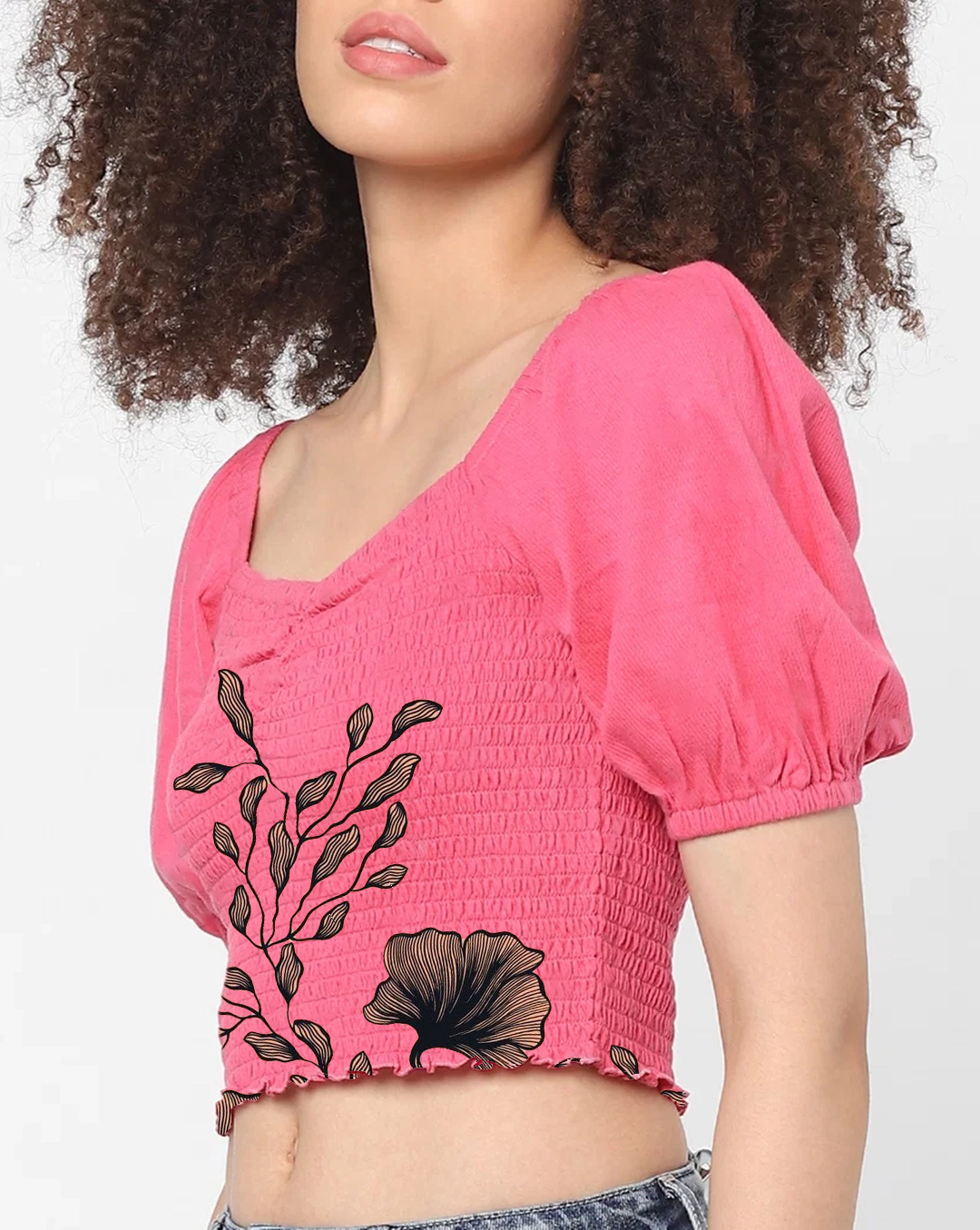 Pink Puff Sleeve Smocked Cropped Top