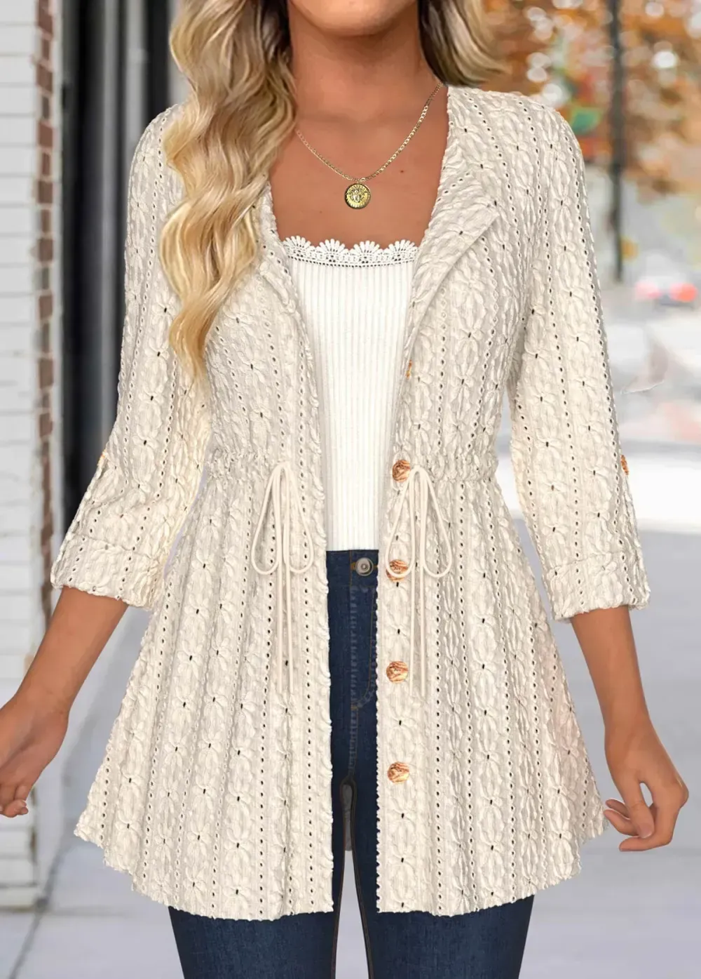Beige Lace 3/4 Sleeve Round Neck Coat