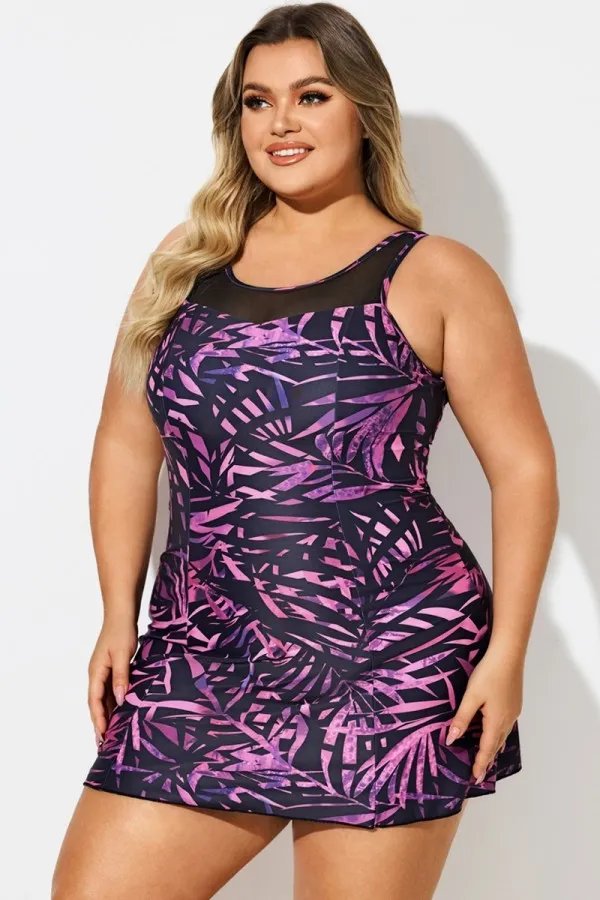 Multi Abstract Print Mesh High Neck Swimdress