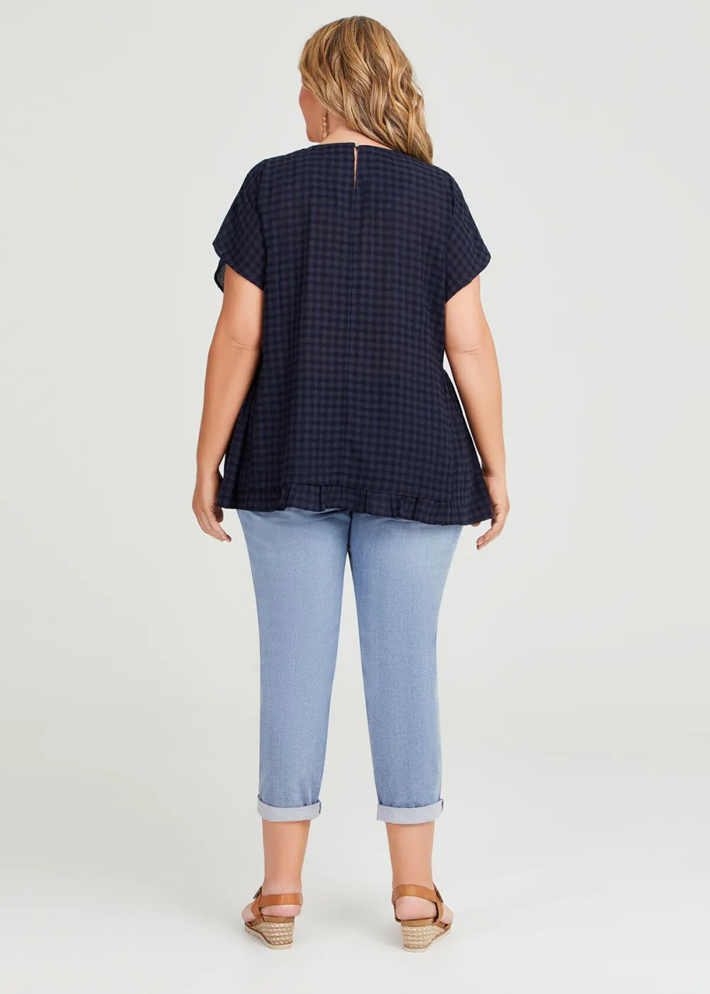 Cotton Blend Gingham Frill Top