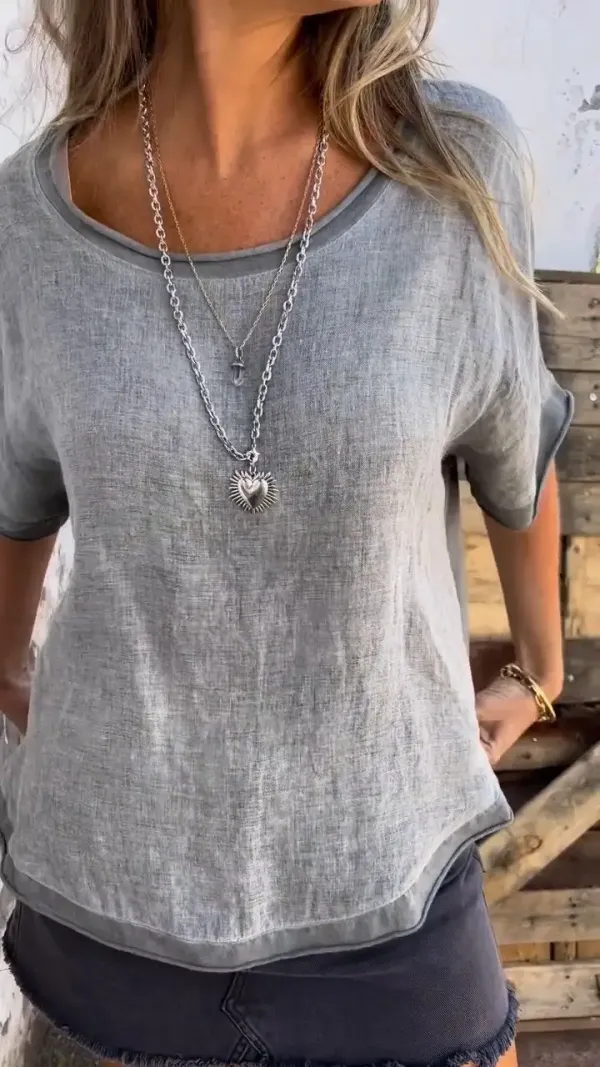 Women Summer Casual Linen Top Round Neck Short Sleeve Top