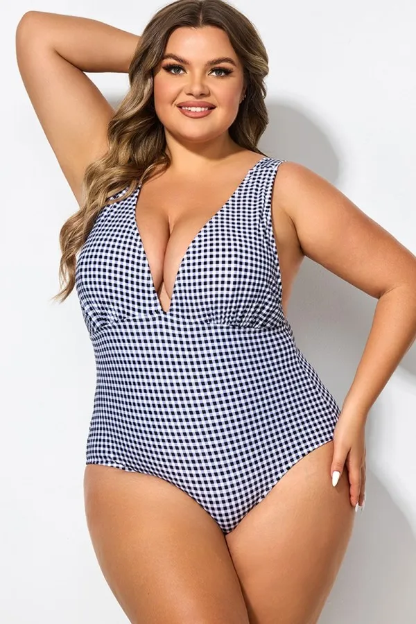 Gingham V-neck Low-cut Leg One Piece Swimsuit