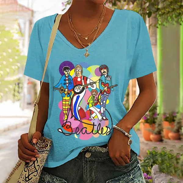 The Beatles Print V-neck Hippie T-shirt