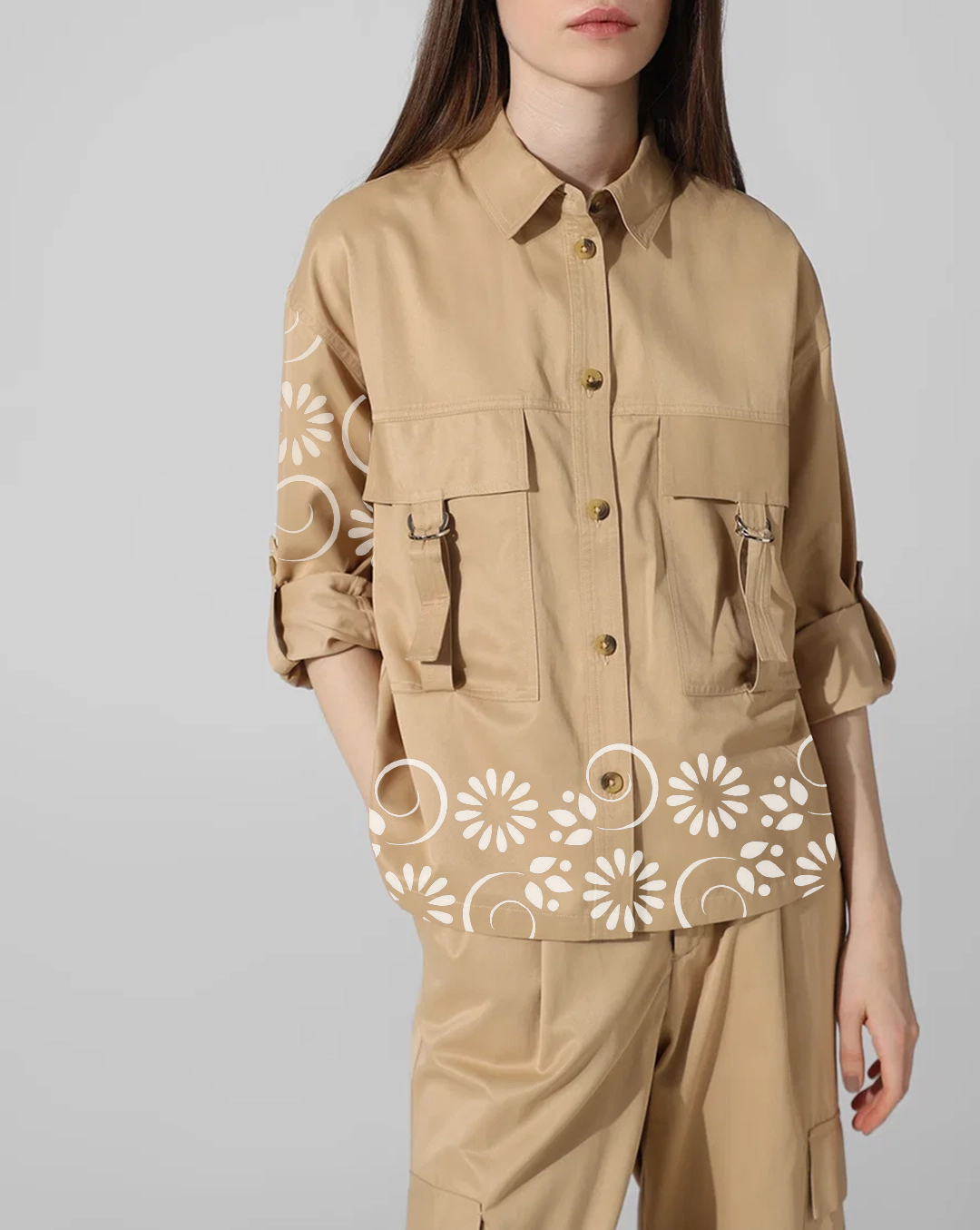 Tan Embroidered Pocket Utility Style Shirt