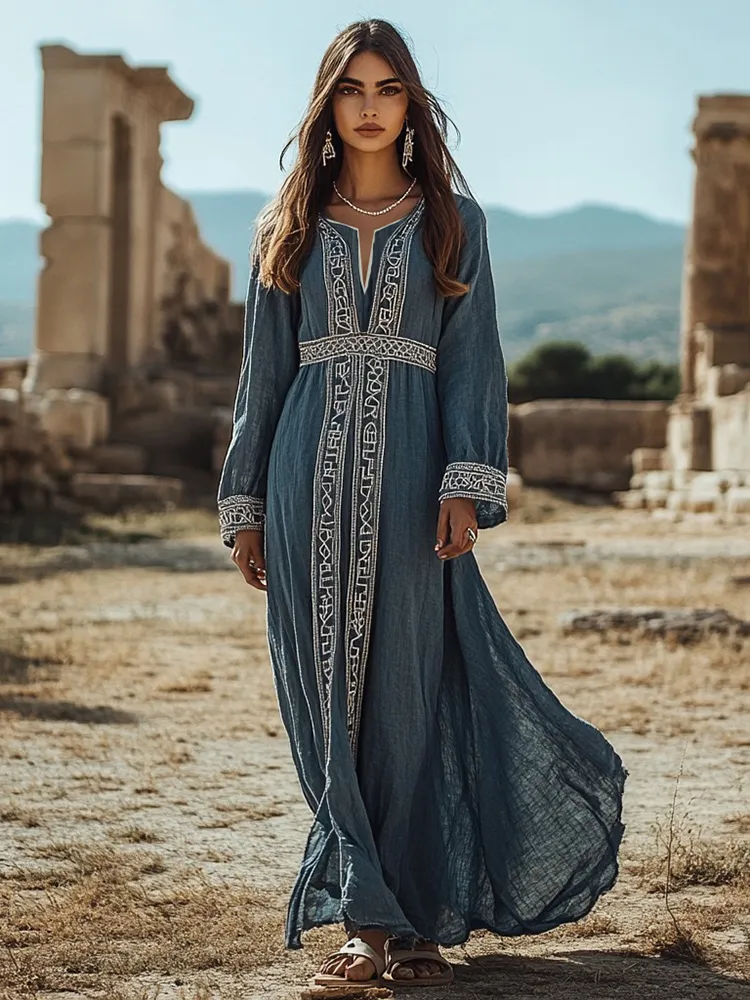 Retro Contrast Color Greek Key Small V Neck Linen Blend Maxi Dress