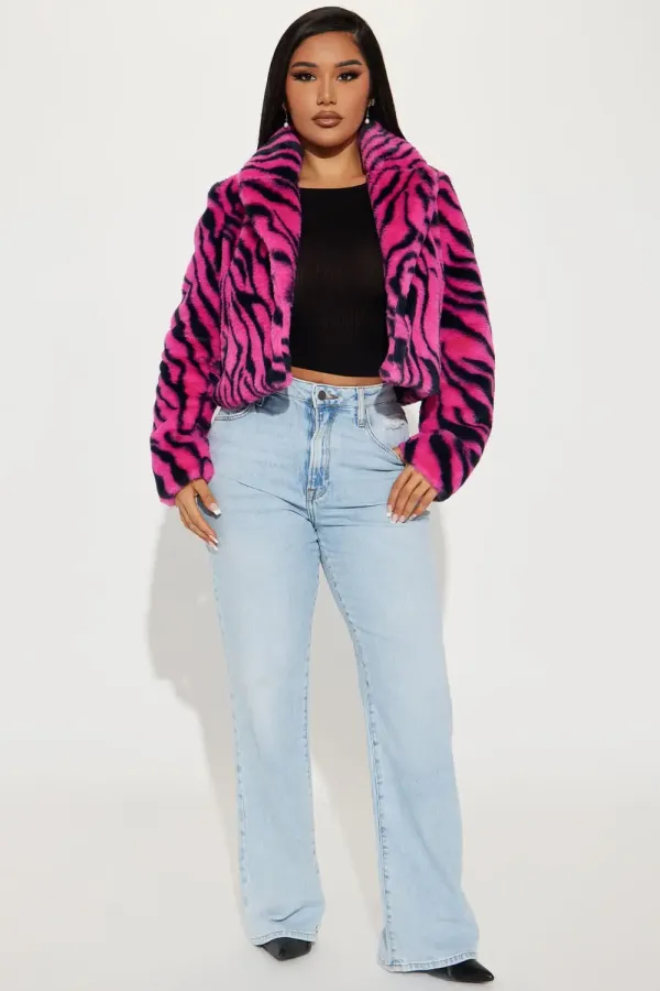 Safari Trip Faux Fur Jacket - Fuchsia/combo