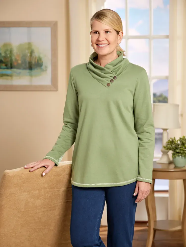 Soft Cotton Terry Cowl-Neck Top