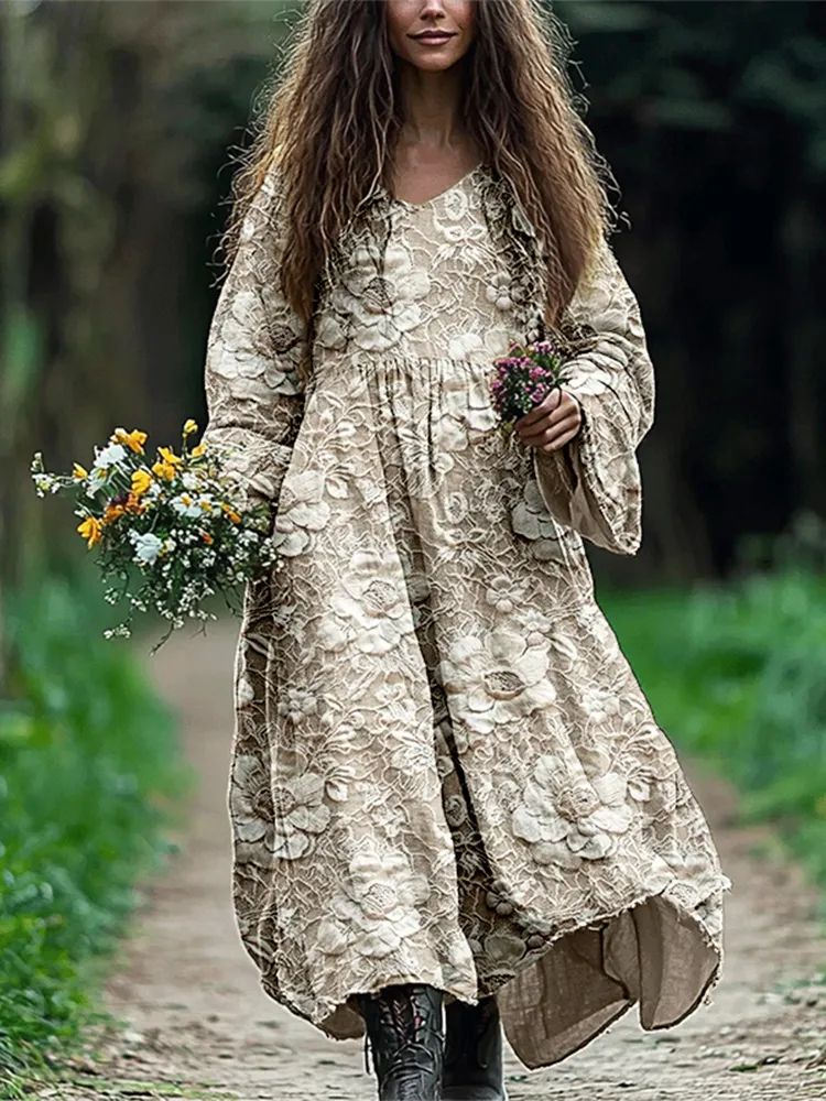 Vintage Floral Lace Embroidered Flowy Linen Blend Maxi Dress