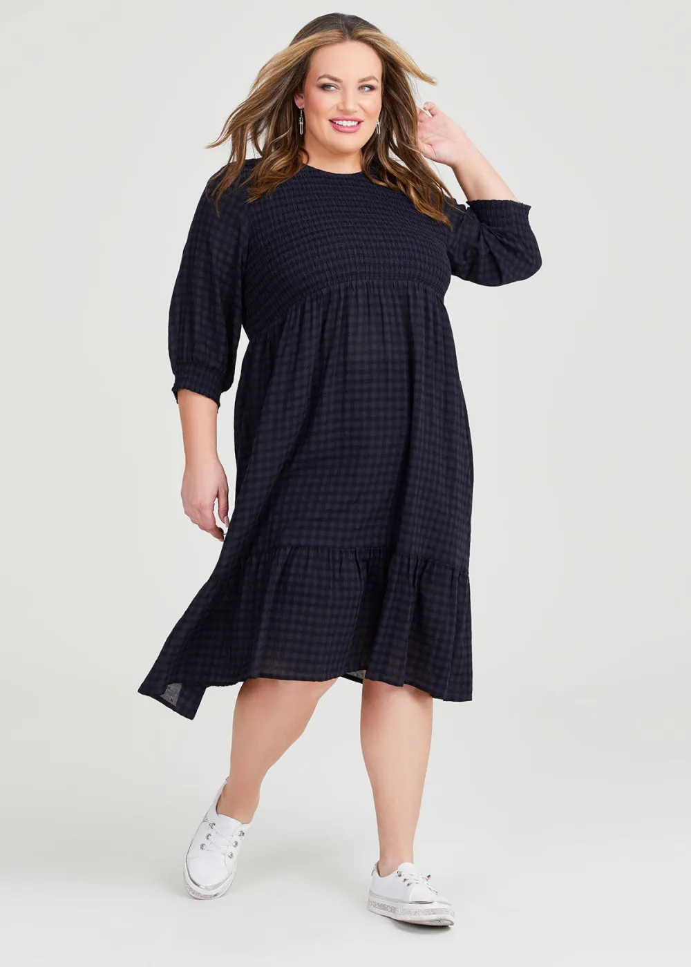 Cotton Gingham Shirred Dress