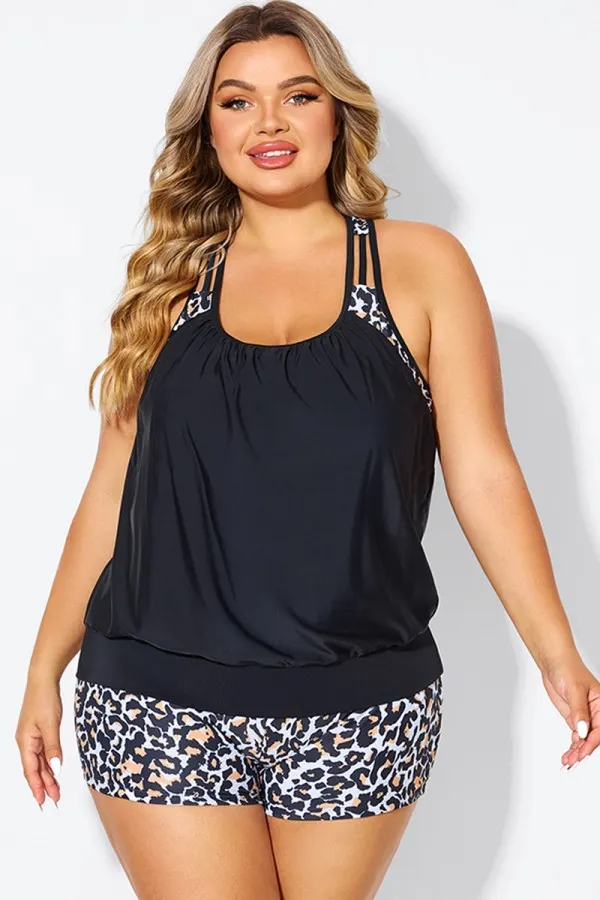 Leopard Print T-Back Blouson Tankini Top
