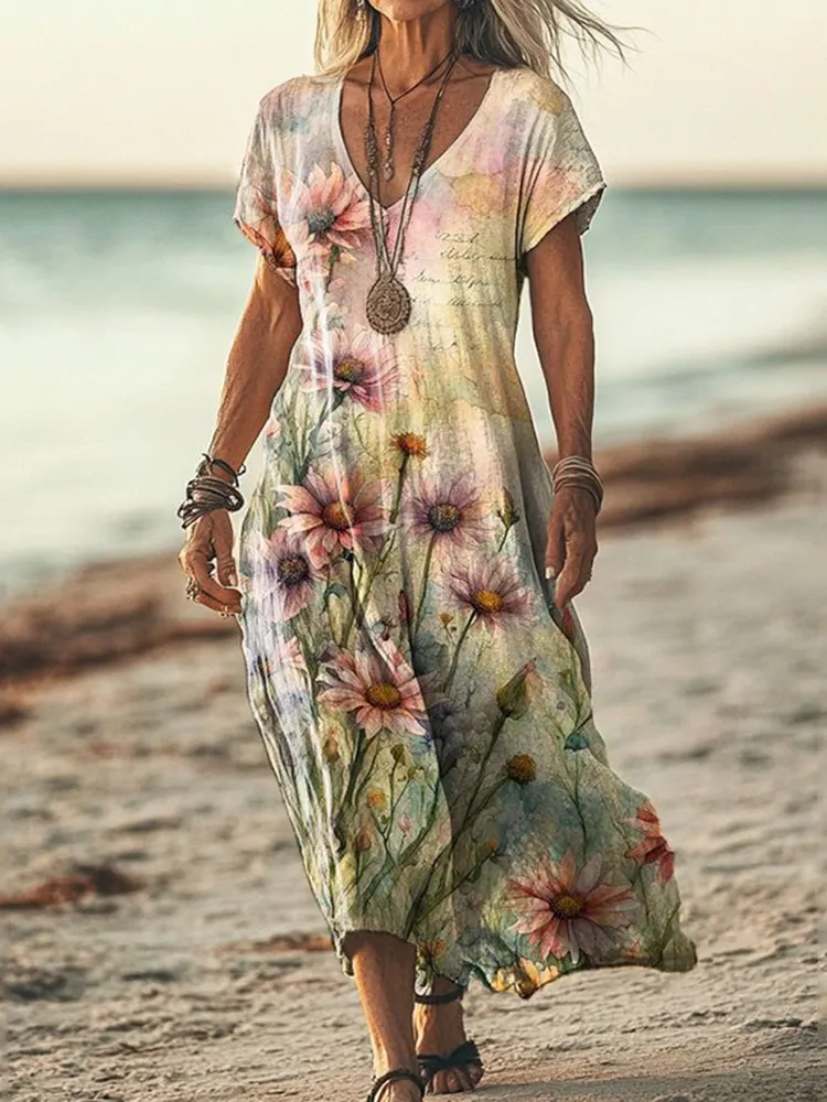 Vintage Daisy Print V-neck Short Sleeved Linen Blend Midi Dress