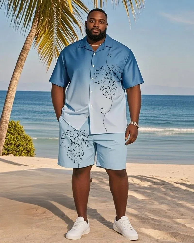 Big & Tall Men's Gradient Line Leaf Print Shirt and Shorts Suit