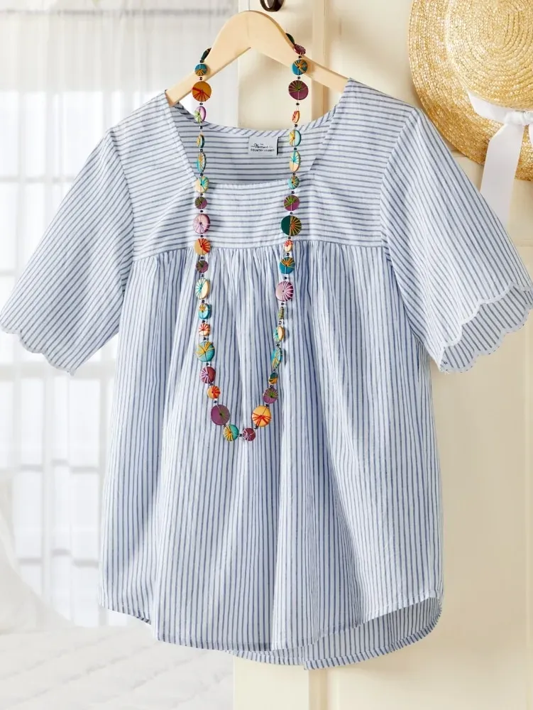 Striped Top With Scalloped Trim
