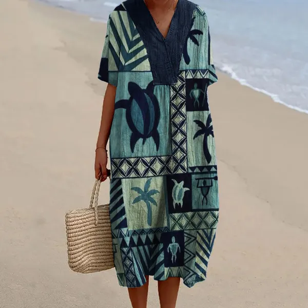 Sea Turtles & Palm Trees Geometric Art Flowy Linen Blend Dress