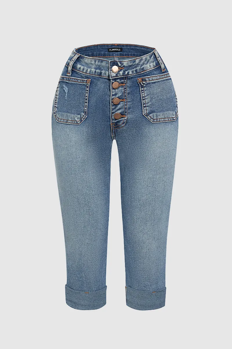 Floral Embroidered Button Fly Mid Rise Capri Jeans