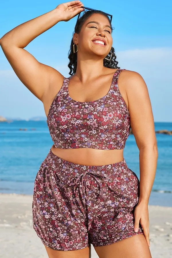 Plus Size Floral Print Square Neck Bikini Top