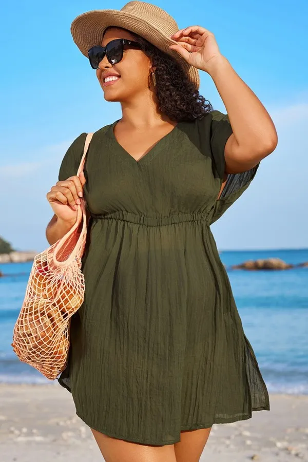 Dark Green V Neck Elastic Waisted Cover Up