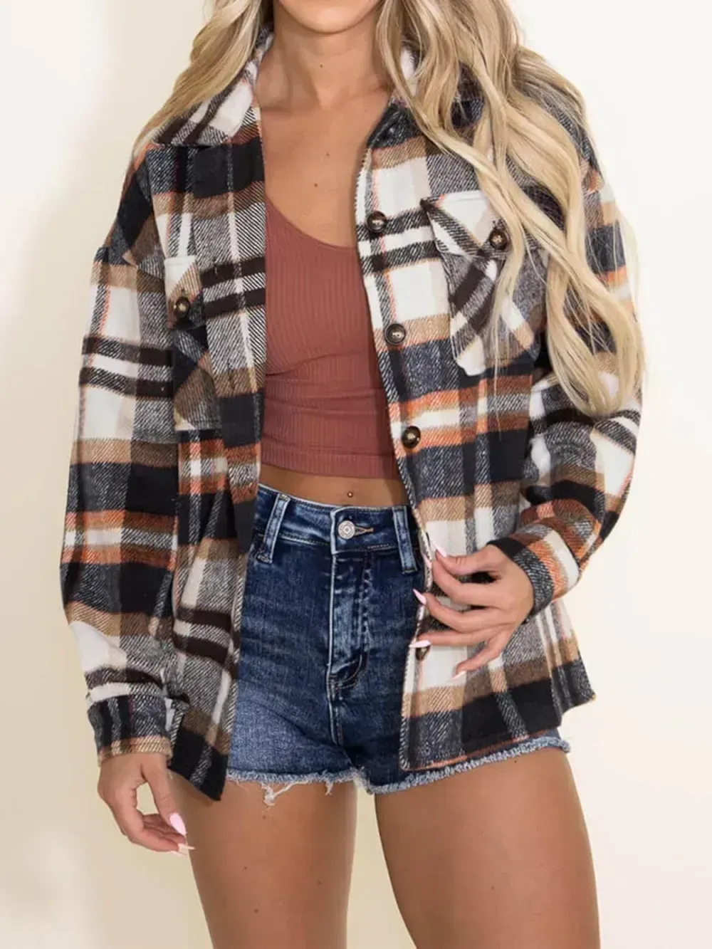 Womens Casual Plaid Shacket Button Down Long Sleeve Shirt