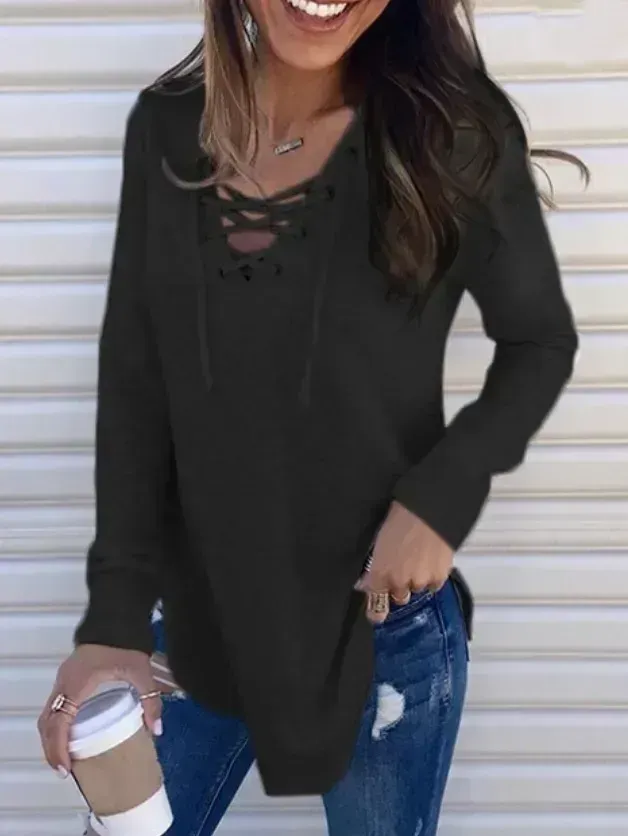 Casual Solid Crisscross Long sleeve Top