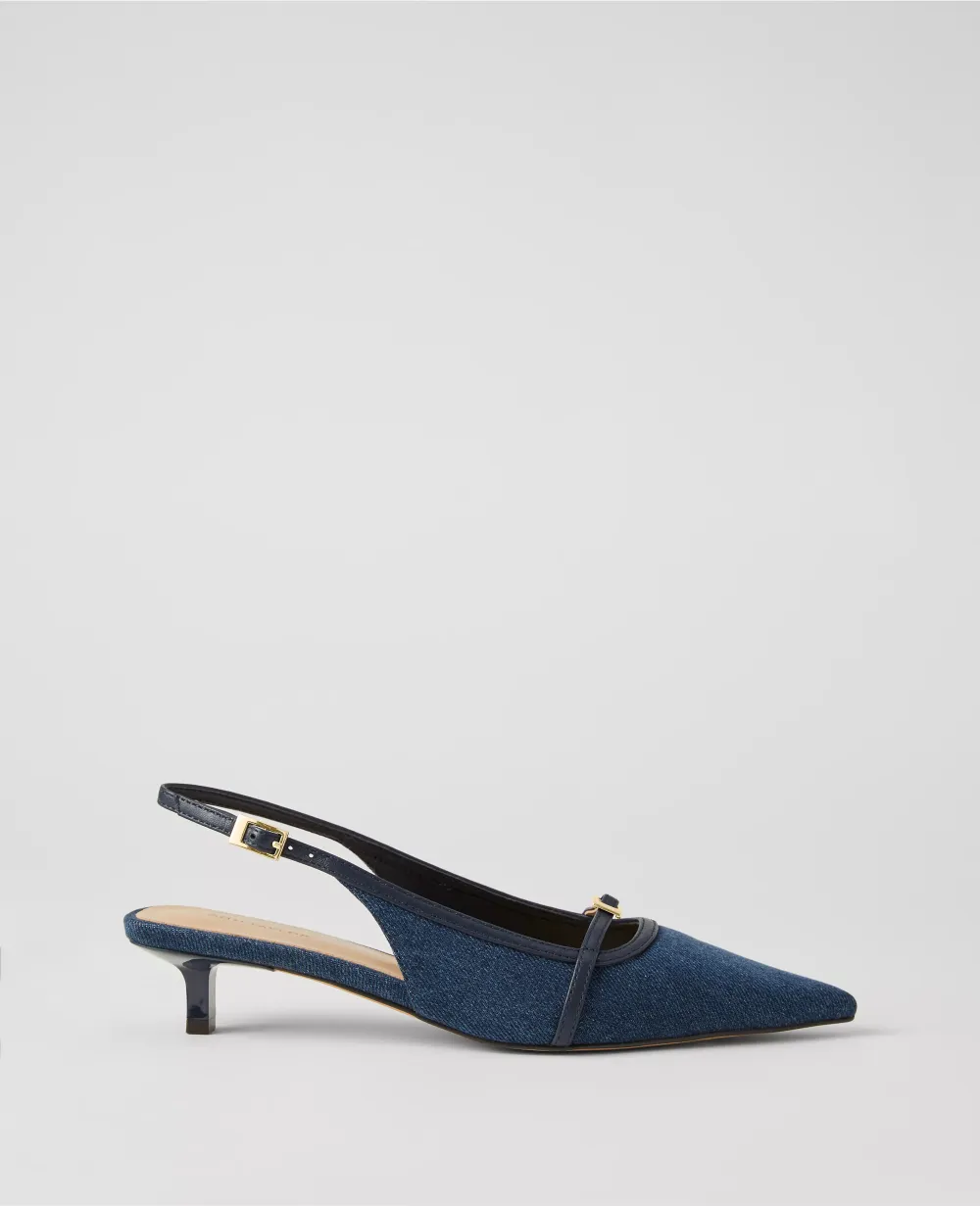 Denim Buckle Kitten Heel Pumps