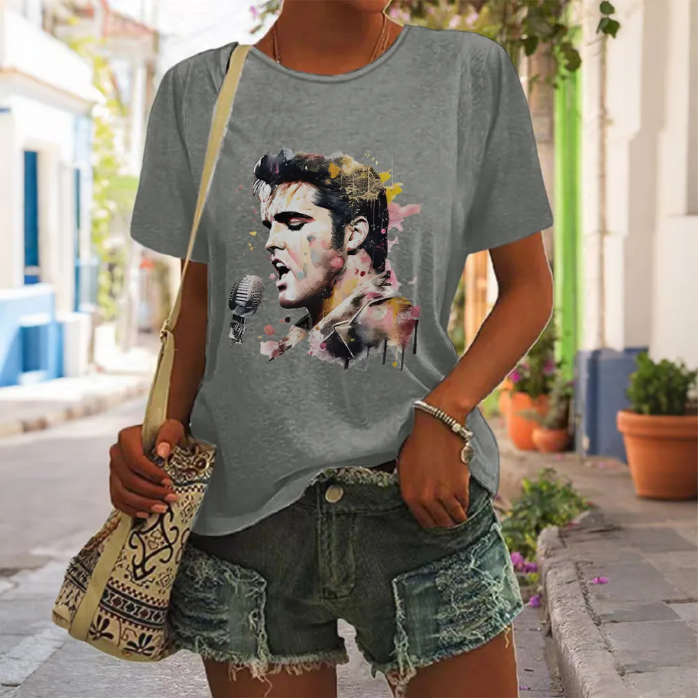 Women's The King Sing Print Short Sleeve Round Neck Cotton T-Shirt